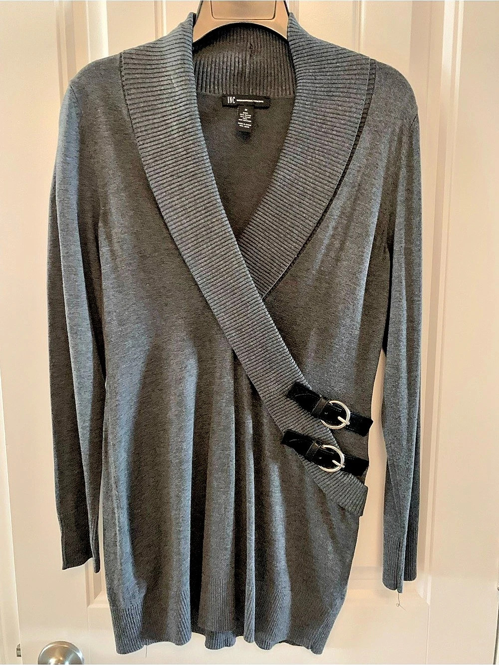 INC International Concepts Surplice Buckle Tunic Sweater Gray Medium